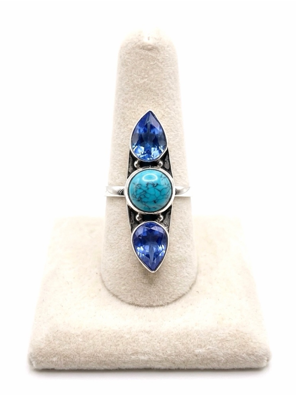 New 925 Sterling Silver Blue Imperial Topaz Turquoise Artisten 3 Tier Ring